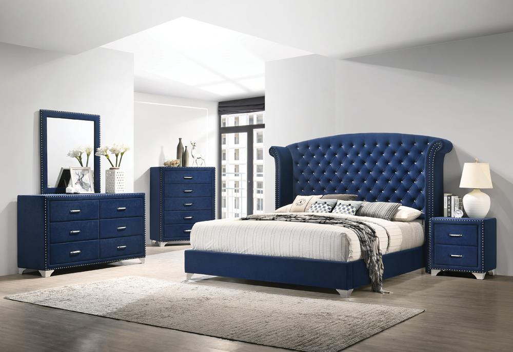 Melody - Melody Eastern King Wingback Upholstered Bed Pacific Blue
