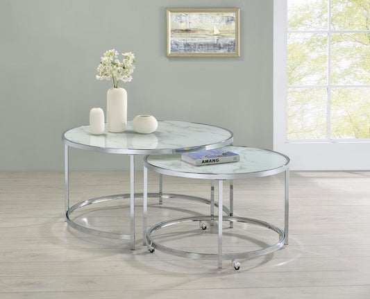 Lynn - Lynn 2-piece Round Nesting Table White and Chrome