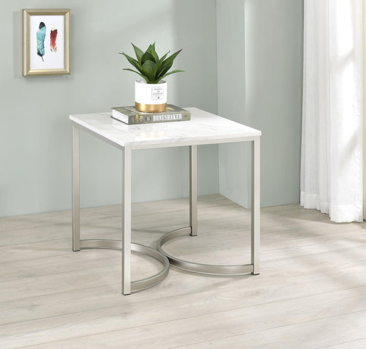 Leona - Leona Faux Marble Square End Table White and Satin Nickel