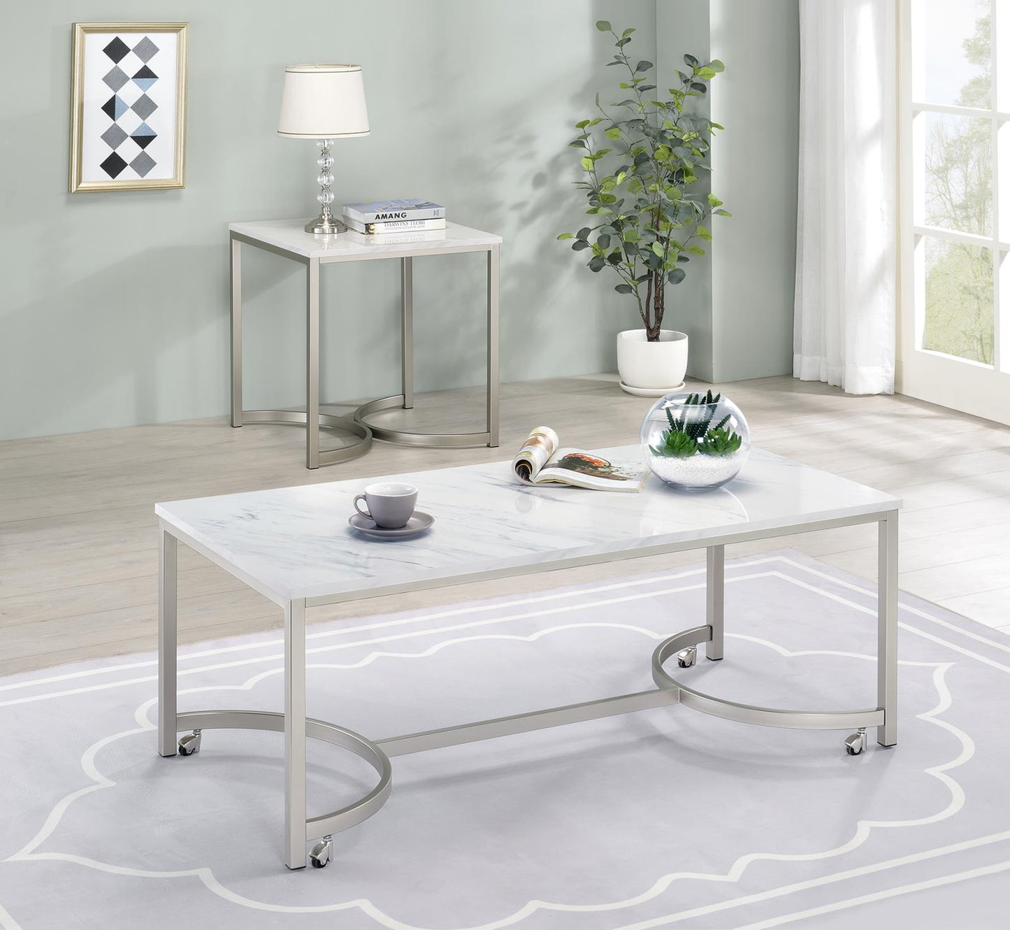 Leona - Leona Coffee Table with Casters White and Satin Nickel