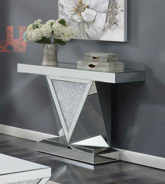 Gunilla - Gunilla Rectangular Sofa Table with Triangle Detailing Silver and Clear Mirror