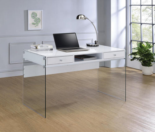 Dobrev - Dobrev 2-drawer Writing Desk Glossy White and Clear