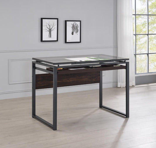 Pantano - Pantano Glass Top Drafting Desk Dark Gunmetal and Chestnut