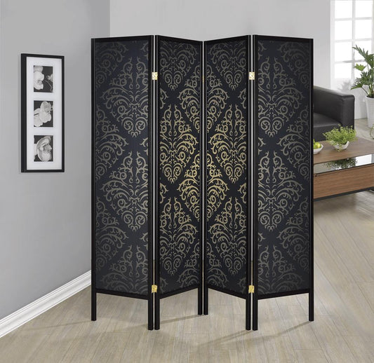 Haidera - Haidera 4-panel Damask Pattern Folding Screen Black