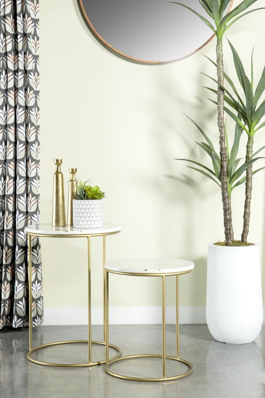 Vivienne - Vivienne 2-piece Round Marble Top Nesting Tables White and Gold
