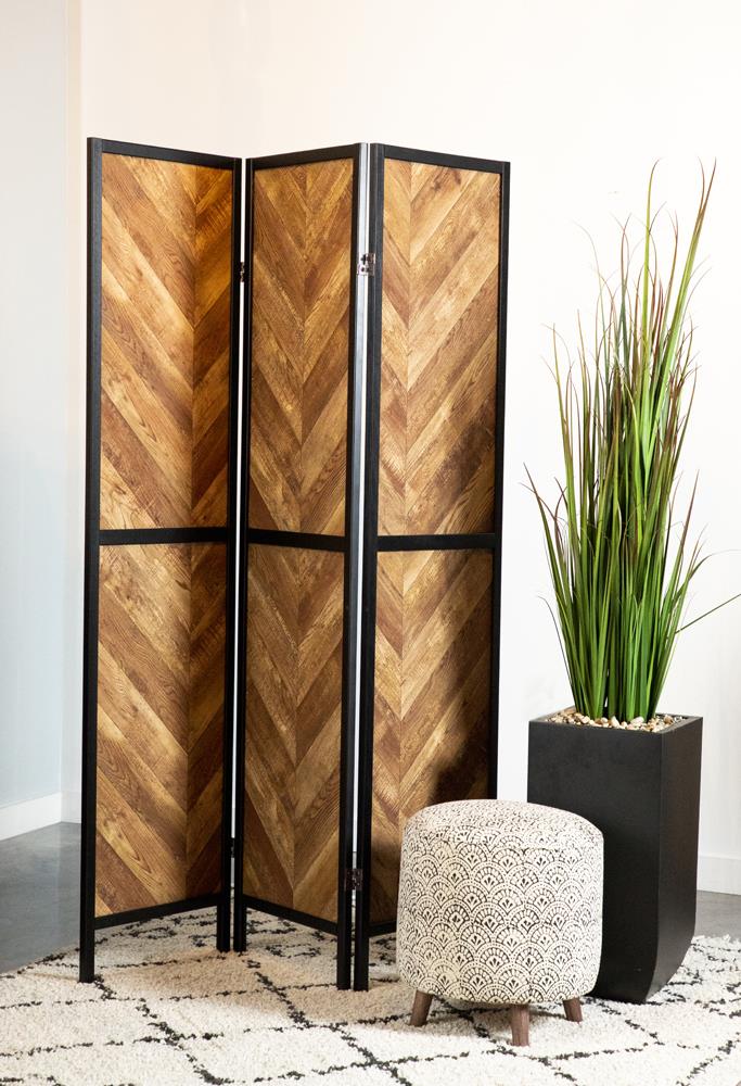Marlene - Marlene Herringbone Pattern 3-Panel Screen Rustic Tobacco and Black