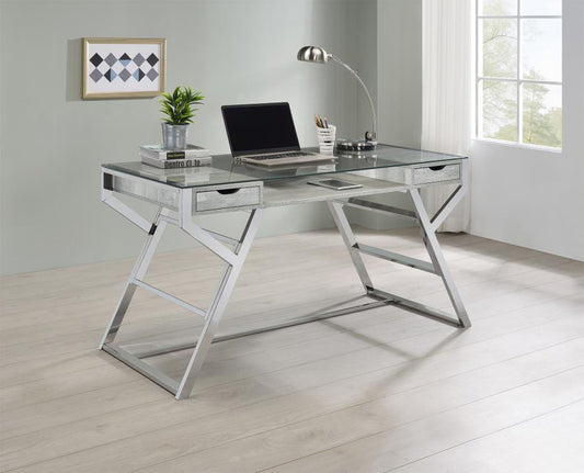 Emelle - Emelle 2-drawer Glass Top Writing Desk Grey Driftwood and Chrome