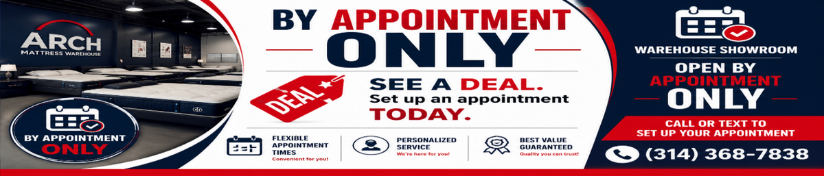 An appointment banner for Arch Mattress Hardware featuring a warehouse showroom interior on the left, with large text reading 'BY APPOINTMENT ONLY' and 'SEE A DEAL. Set up an appointment TODAY.
