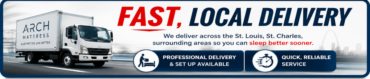 Delivery banner for Arch Mattress featuring a white delivery truck, bold red and navy text reading 'FAST, LOCAL DELIVERY,' and service callouts for professional delivery and quick reliable service.