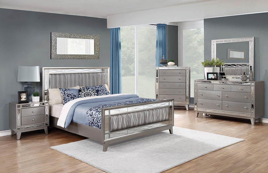 Leighton - Leighton Eastern King Panel Bed with Mirrored Accents  Mercury Metallic