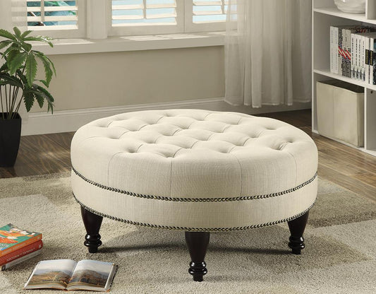 Elchin - Elchin Round Upholstered Tufted Ottoman Oatmeal