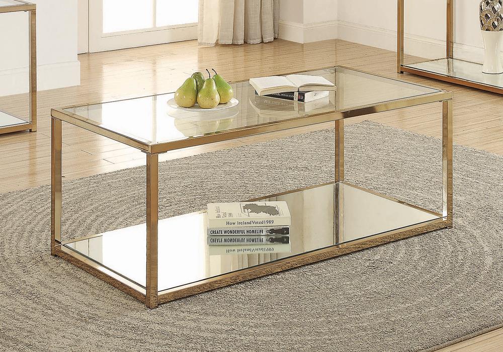 Cora - Cora Coffee Table with Mirror Shelf Chocolate Chrome