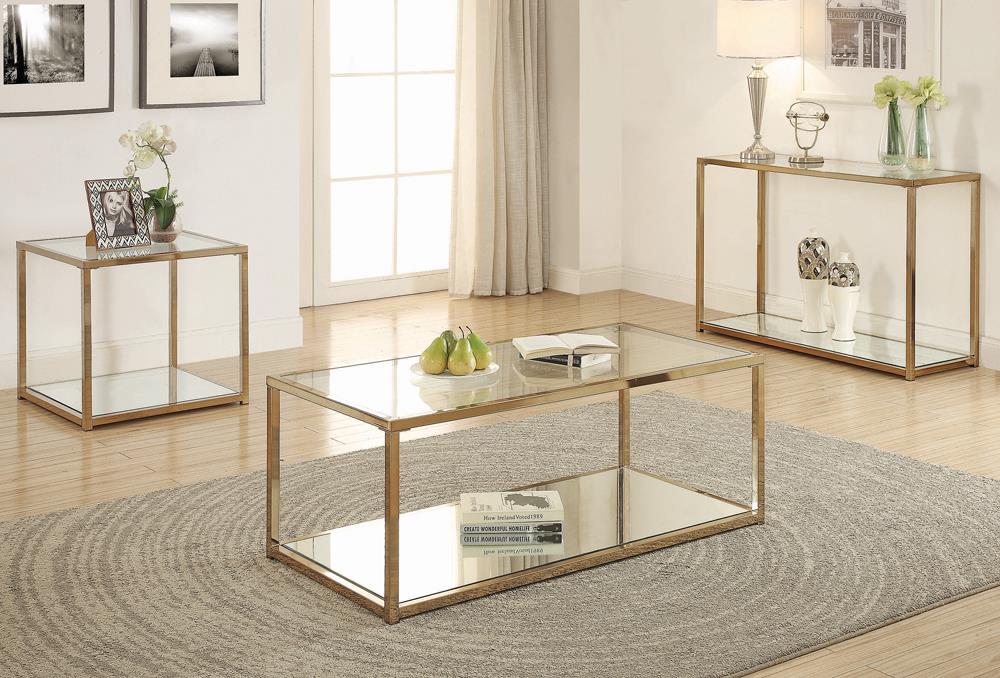 Cora - Cora Sofa Table with Mirror Shelf Chocolate Chrome