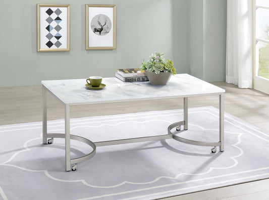 Leona - Leona Coffee Table with Casters White and Satin Nickel