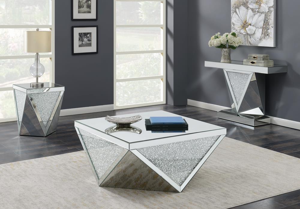 Gunilla - Gunilla Square Coffee Table with Triangle Detailing Silver and Clear Mirror