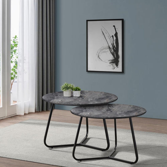 Lennox - Lennox 2-piece Round Coffee Table Set Faux Slate and Matte Black