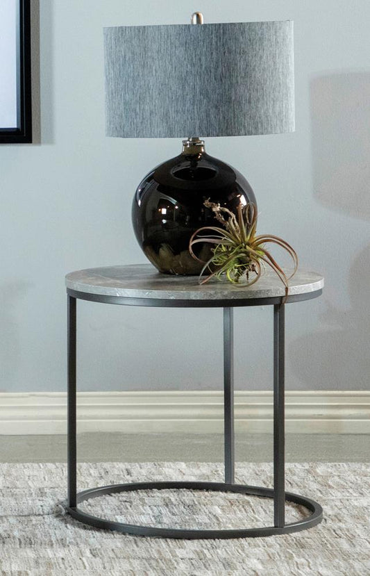 Lainey - Lainey Faux Marble Round Top End Table Grey and Gunmetal