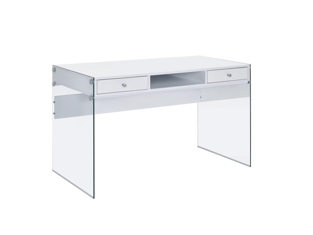 Dobrev - Dobrev 2-drawer Writing Desk Glossy White and Clear