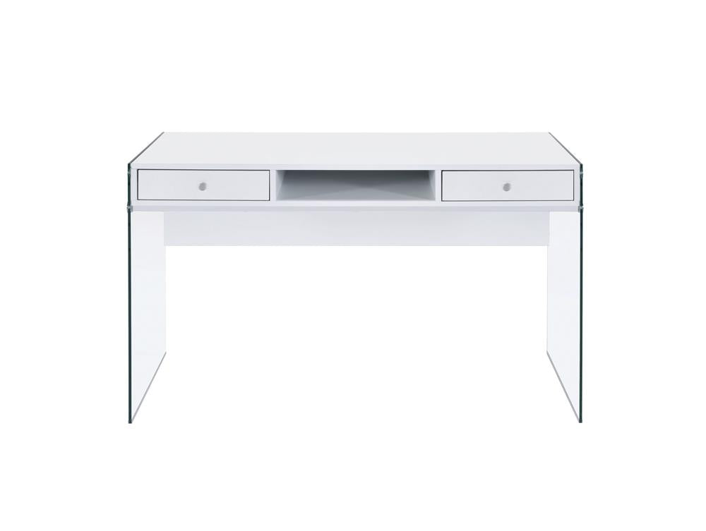 Dobrev - Dobrev 2-drawer Writing Desk Glossy White and Clear