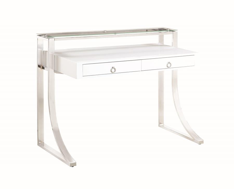 Gemma - Gemma 2-drawer Writing Desk Glossy White and Chrome
