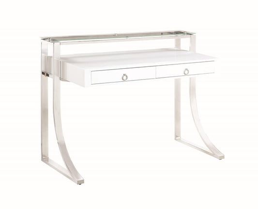 Gemma - Gemma 2-drawer Writing Desk Glossy White and Chrome