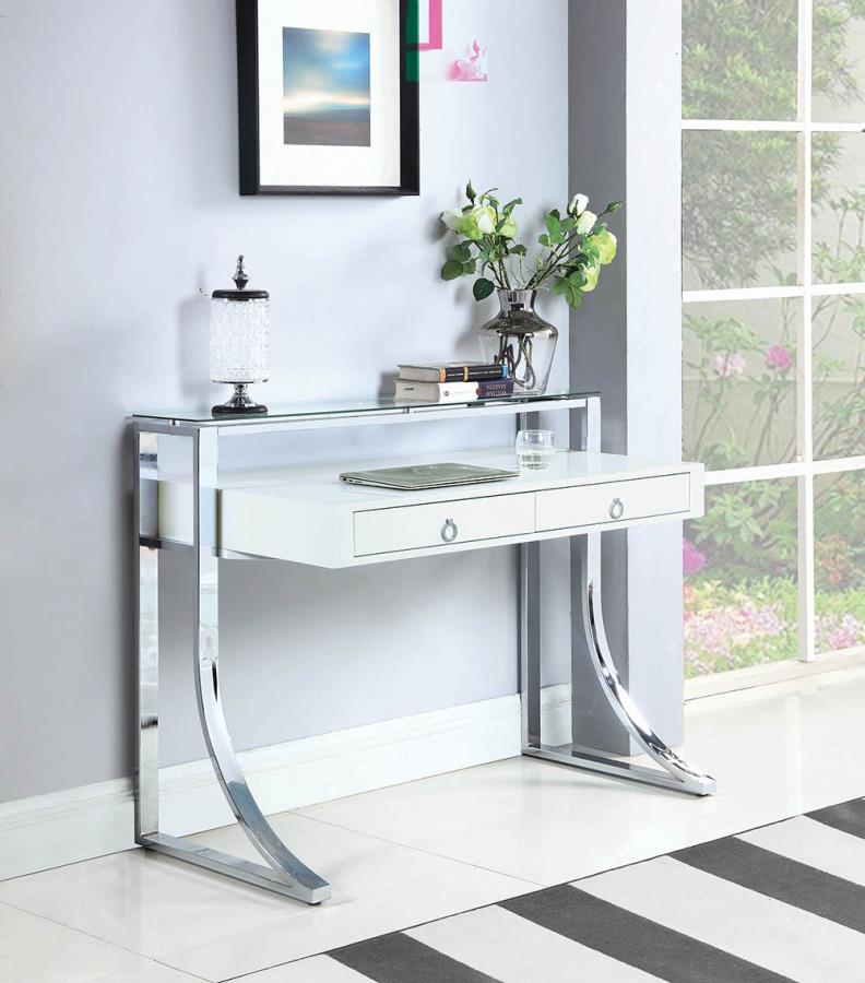 Gemma - Gemma 2-drawer Writing Desk Glossy White and Chrome