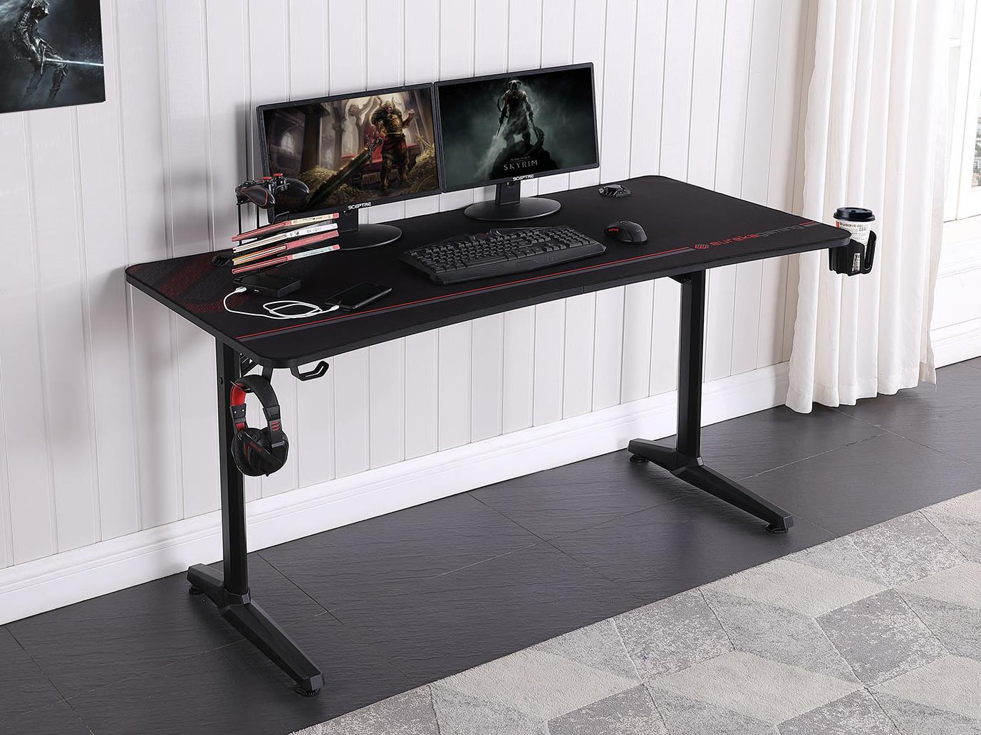 Tarnov - Tarnov Rectangular Metal Gaming Desk with USB Ports Black