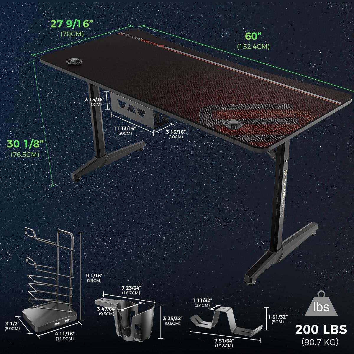 Tarnov - Tarnov Rectangular Metal Gaming Desk with USB Ports Black