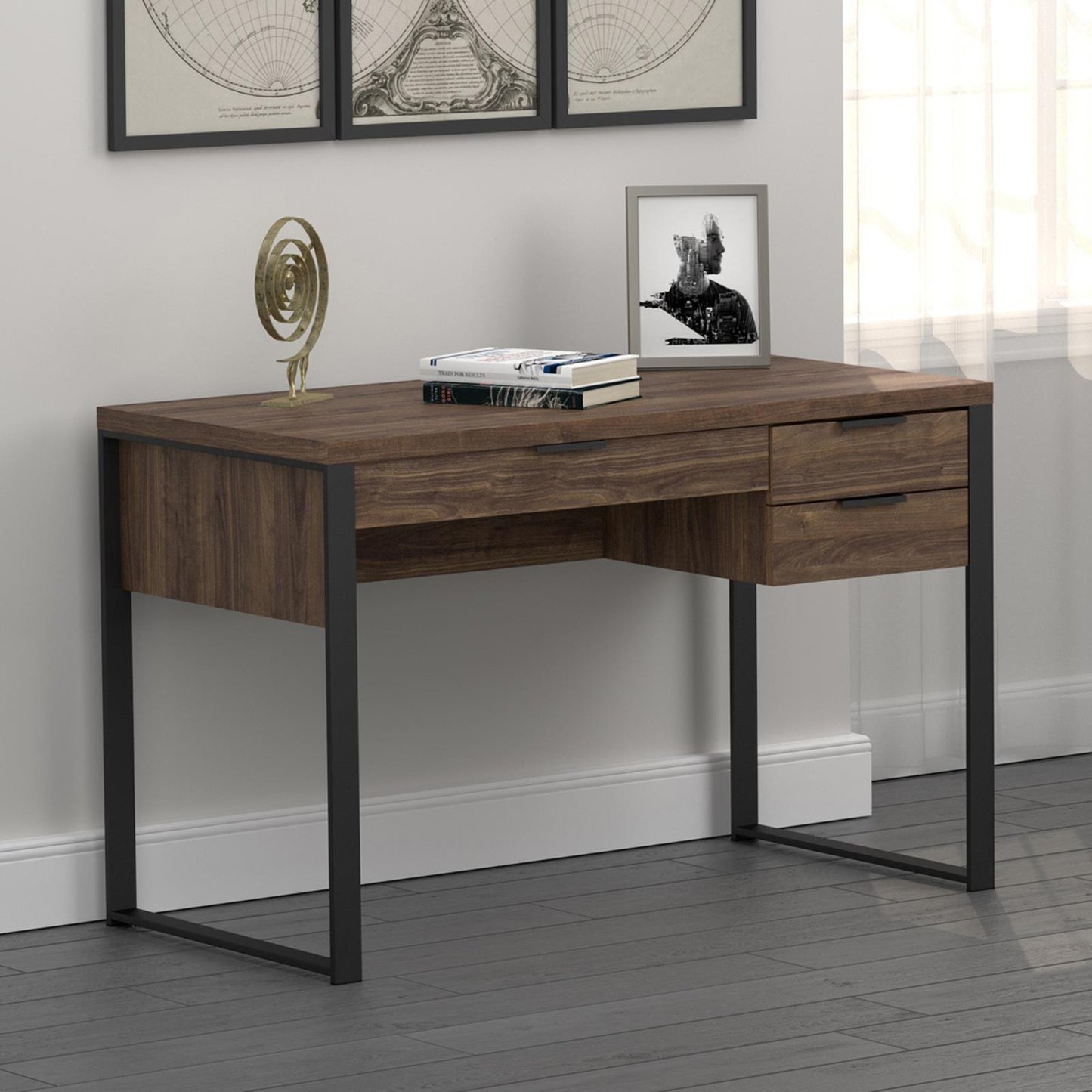 Pattinson - Pattinson 3-drawer Writing Desk Aged Walnut and Gunmetal