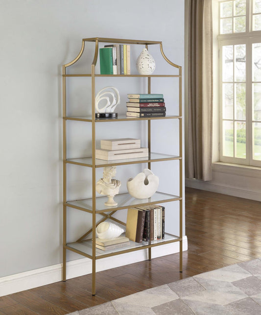 Serena - Serena 5-tier Tempered Glass Shelves Bookcase Matte Gold