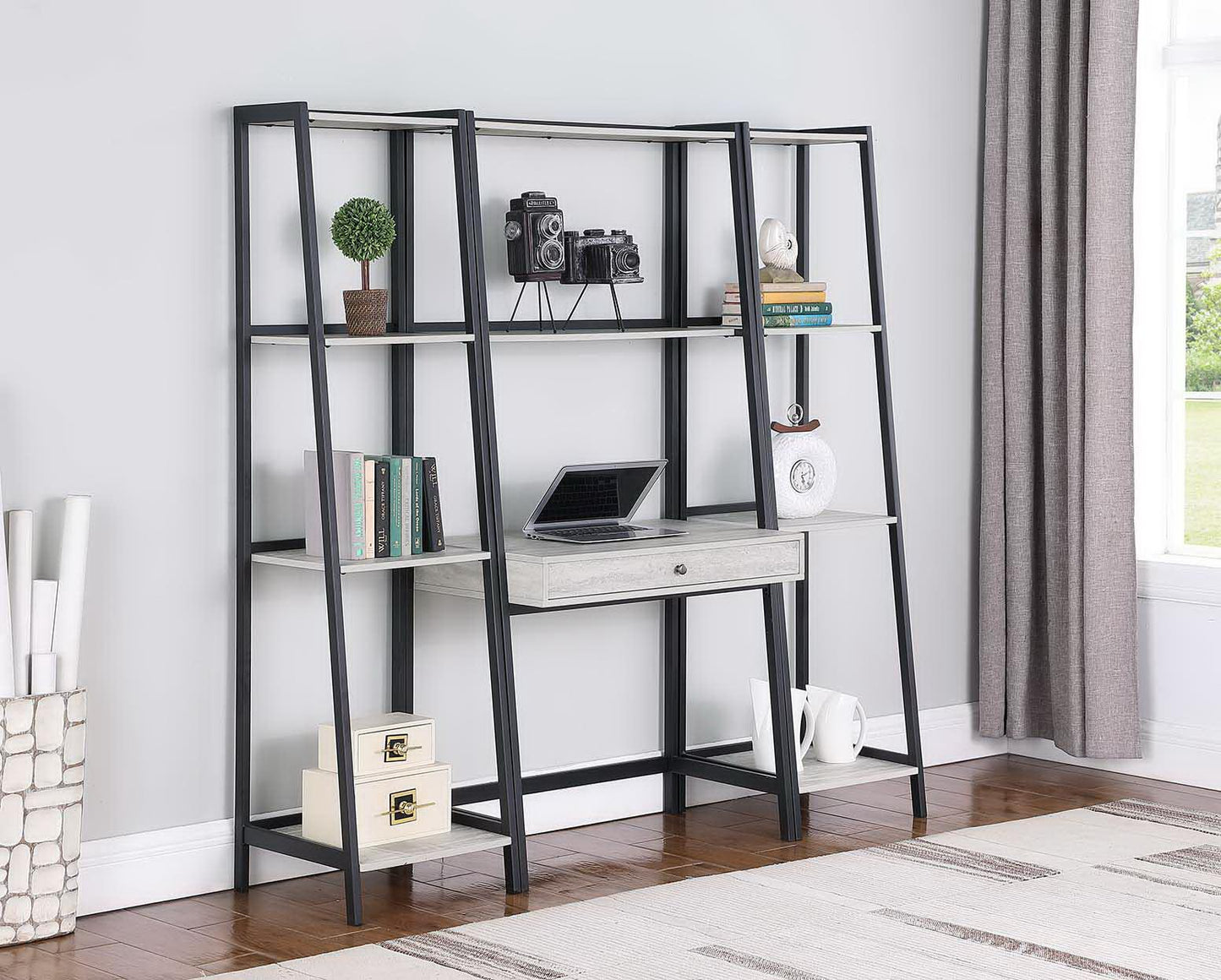 Pinckard - Pinckard 4-shelf Ladder Bookcase Grey Stone Herringbone and Black