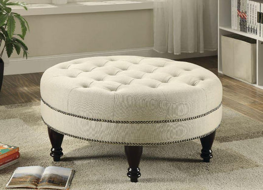 Elchin - Elchin Round Upholstered Tufted Ottoman Oatmeal