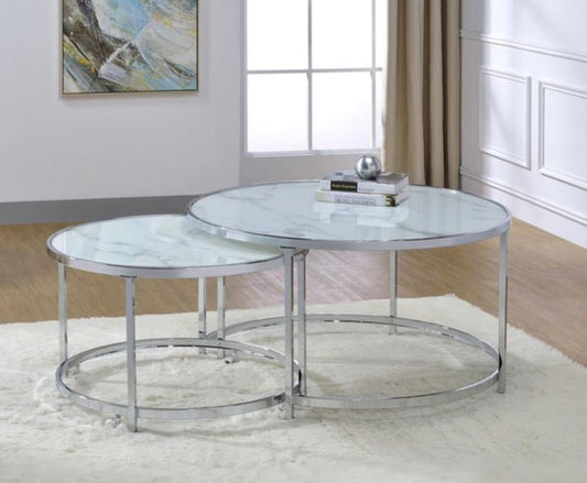 Lynn - Lynn 2-piece Round Nesting Table White and Chrome