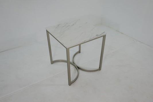 Leona - Leona Faux Marble Square End Table White and Satin Nickel