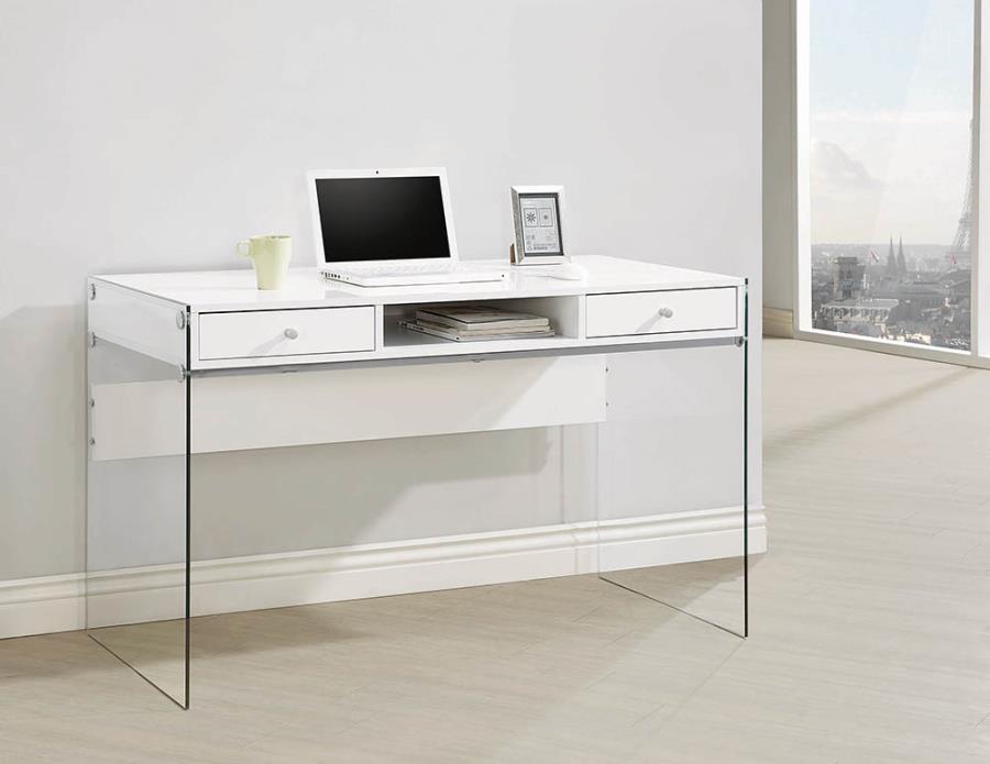 Dobrev - Dobrev 2-drawer Writing Desk Glossy White and Clear