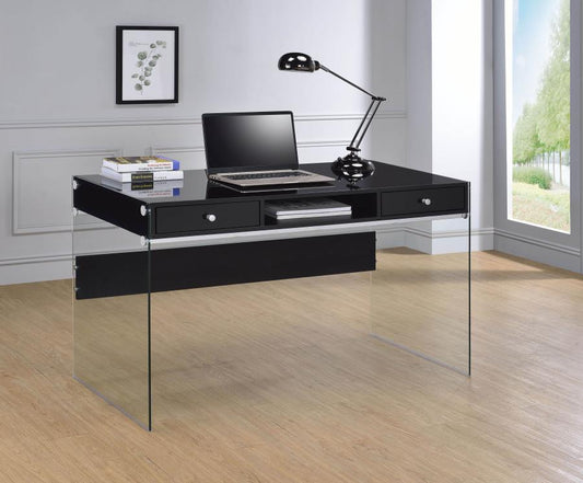 Dobrev - Dobrev 2-drawer Writing Desk Glossy Black and Clear