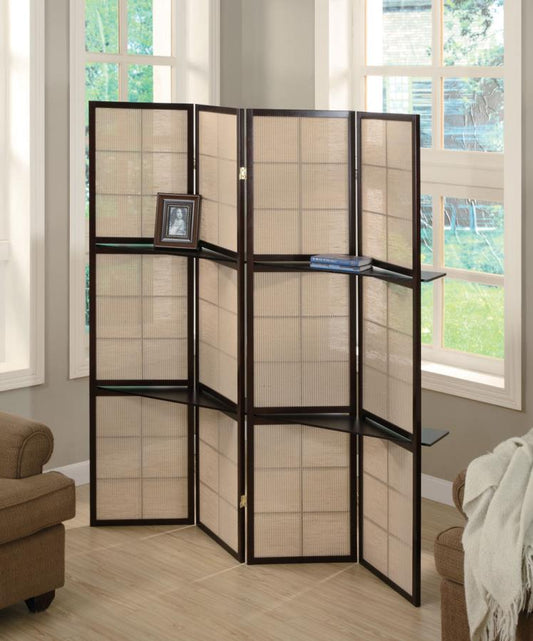 Iggy - Iggy 4-panel Folding Screen with Removable Shelves Tan and Cappuccino